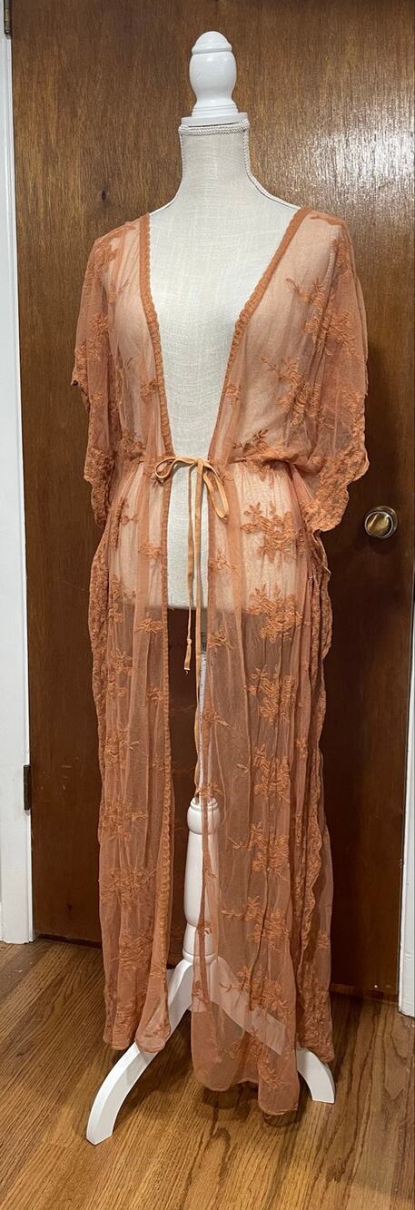 Sheer Floral Embroidered Duster Kimono Beach Cover Up Womens Medium Terracotta